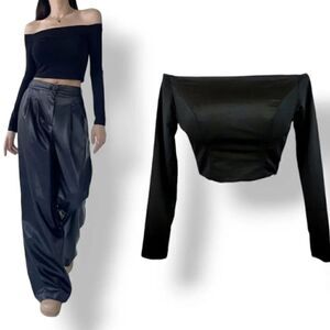 NEW Stretch Scuba Satin Off the Shoulder Longsleeve Crop Top in Black Size Small